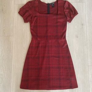 Aqua Red/Black Plaid Puffy Short Sleeve Dress